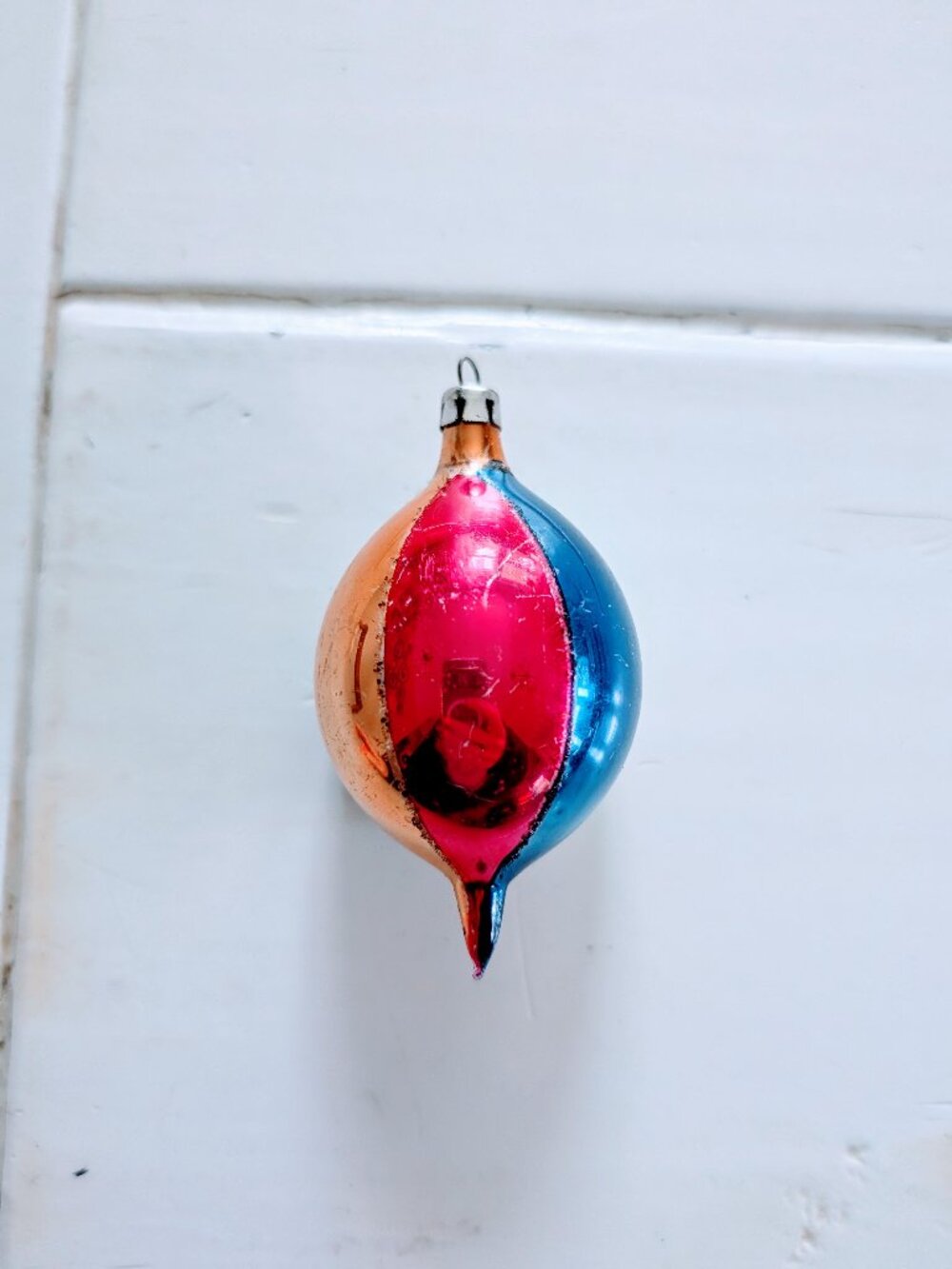VTG 50s Poland Teardrop Mercury Glass Christmas Ornament Reflector Bue Striped